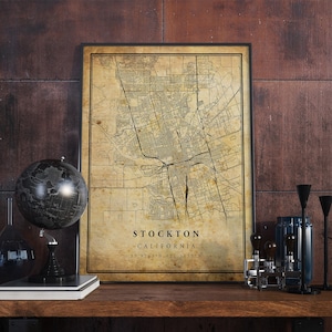 Póster de mapa vintage de Stockton, arte de pared, impresión de arte urbano, decoración del hogar antigua, rústica y de estilo antiguo, impresiones de California, regalo, VM62