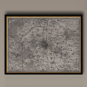Carte de Paris, carte vintage de Paris, France et environs, vintage Wall Art, Home Decor, Options encadrées disponibles, Circa 19th C., AM70