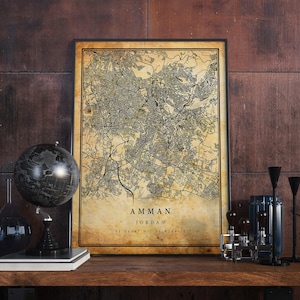 arte da parede do poster do mapa vintage de Amã | Impressão de arte da cidade | Decoração de casa antiga, rústica e antiga | Jordan imprime presente | M726