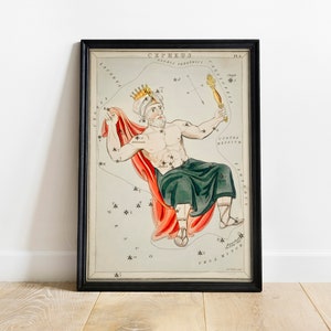 Könnte beinhalten: Eine Vintage-Illustration des Sternbildes Cepheus, dargestellt als König mit Krone und Zepter. Die Illustration ist in einem schwarzen Rahmen und zeigt eine detaillierte Sternkarte mit dem Namen des Sternbildes und dem lateinischen Namen "Cepheus Gloria Frederici" oben.
