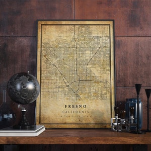 Fresno Vintage Map Poster Wall Art | City Artwork Print | Antique, rustic, old style Home Decor | California prints gift | VM34