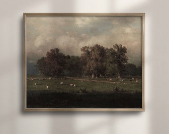 Vintage Autumn Landscape Art Print: Grazing Sheep, Classic Fall Scenery