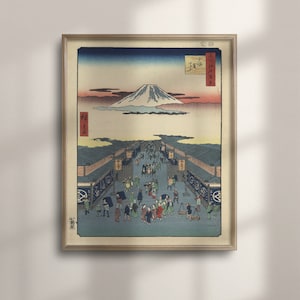 May include: A woodblock print depicting a bustling street scene in Edo (Tokyo) with Mount Fuji in the background. The print is in shades of blue, green, and red, with a white mountain peak. The text in the image reads "東海道中膝栗毛" (Tōkaidōchū Hizakurige).