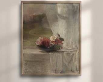 Vintage Pink Roses Still Life Painting: Antique Floral Oil Art