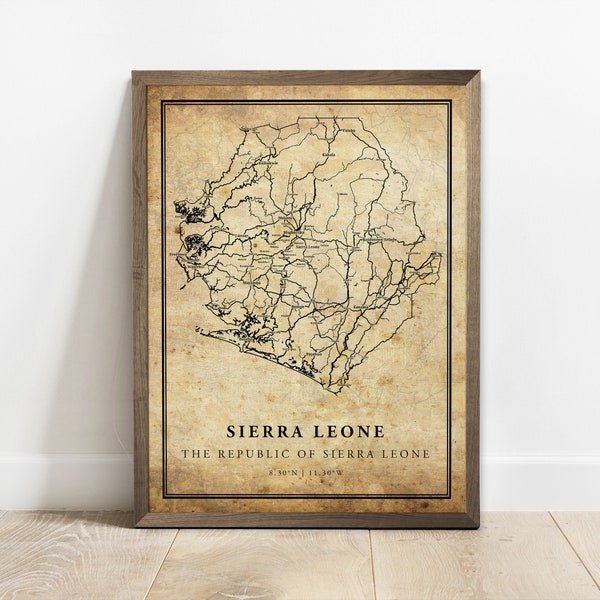 Sierra Leone vintage map poster print, country street road map wall art, country decor, country gifts, C15-110