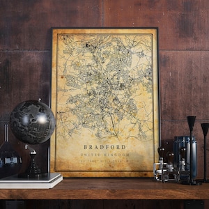 Bradford Vintage Karte Poster Wandkunst | Stadt Kunstwerk Druck | Antike, rustikale, alte Wohnkultur | Vereinigtes Königreich Drucke Geschenk | M469