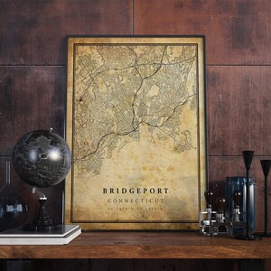 Póster de mapa vintage de Bridgeport, arte mural, impresión de arte urbano, decoración del hogar antigua, rústica y de estilo antiguo, impresiones de Connecticut, regalo, VM180