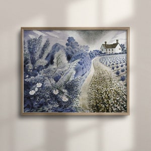May include: A watercolor painting of a white house with a blue roof, surrounded by a field of lavender. The house is located on a hill, and a winding path leads up to it. The painting is done in a muted color palette, with shades of blue, purple, and green.