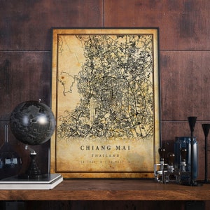arte da parede do poster do mapa vintage de Chiang Mai | Impressão de arte da cidade | Decoração de casa antiga, rústica e antiga | Tailândia imprime presente | M718