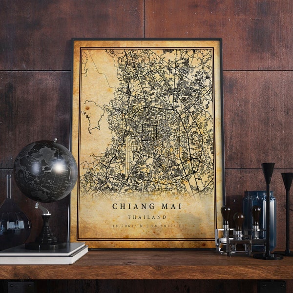 Chiang Mai Vintage Map Poster Wall Art | City Artwork Print | Antique, rustic, old style Home Decor | Thailand prints gift | M718