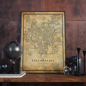 Póster de mapa vintage de Tallahassee, arte mural, impresión de arte urbano, decoración del hogar antigua, rústica y de estilo antiguo, impresiones de Florida, regalo, VM126