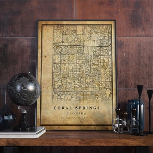 Coral Springs Vintage kaart poster kunst aan de muur | Stadskunstwerk afdrukken | Antieke, rustieke, oude stijl Home Decor | Florida drukt cadeau af | VM209