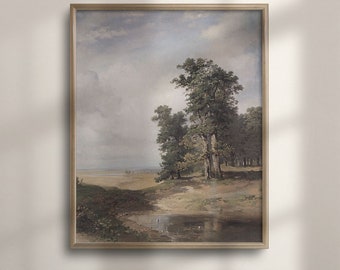 Vintage Landscape Painting: Summer Sky, Rustic Farmhouse Wall Decor