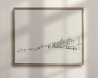 Vintage Paris Cityscape Sketch, Neutral Tonal Wall Art, Farmhouse Home Decor, Poster, C16-564