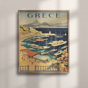 Cartel de viaje de Grecia vintage, arte de pared de turismo griego, regalo de inauguración de la casa, regalo de cumpleaños, decoración de la sala de estar, verano colorido, C16-916
