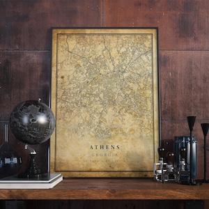 Póster de mapa vintage de Atenas, arte mural, impresión de arte urbano, decoración del hogar antigua, rústica y de estilo antiguo, impresiones de Georgia, regalo, VM220