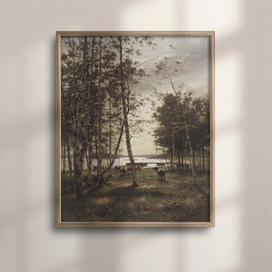 Antique Cow Landscape Painting: Vintage Farmhouse Wall Art