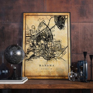 Manama Vintage Map Poster Wall Art | City Artwork Print | Antique, rustic, old style Home Decor | Bahrain prints gift | M712