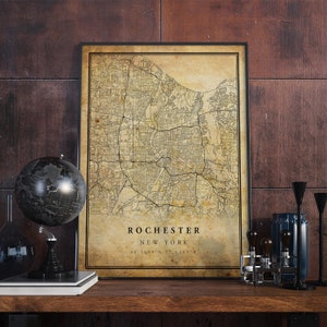 Art mural affiche carte vintage de Rochester | Impression d'oeuvres d'art de la ville | Décoration d'intérieur antique, rustique et de style ancien | Cadeau imprimé New York | VM107