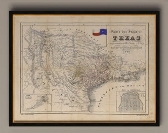 1849 Texas Map Print: Antique German Baedeker Lone Star Flag Art