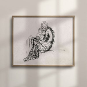 Vintage Mother and Child Line Drawing, Rustic Nursery Wall Art, Minimalist Farmhouse Decor, Mother's Day Gift, C16-54