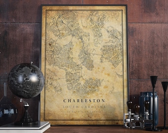 Affiche de carte vintage de Charleston Art mural | Impression d'œuvres d'art de la ville | Décoration d'intérieur antique, rustique et de style ancien | Cadeau imprimé en Caroline du Sud | VM198