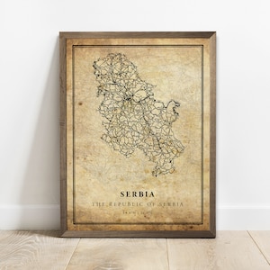 Servië vintage kaart poster print, land straat wegenkaart kunst aan de muur, land prenten, land poster, C15-109
