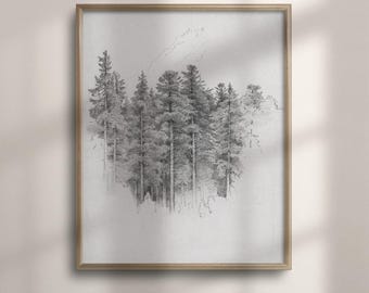 Vintage Pine Tree Sketch Print: Rustic Forest Wall Art
