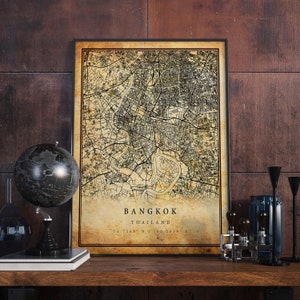 Bangkok Vintage Karte Poster Wandkunst | Stadt Kunstwerk Druck | Antike, rustikale, alte Wohnkultur | Thailand Drucke Geschenk | M672
