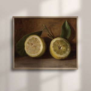 Vintage Lemon Artwork, Farmhouse Kitchen Wall Decor, Antique Oil Painting Reproduction, Cottage Chic Lemon Still Life Art, C16-387