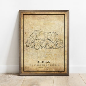 Bhutan vintage kaart poster print, land straat wegenkaart kunst aan de muur, land geschenken, landkaart afdrukken, C15-14
