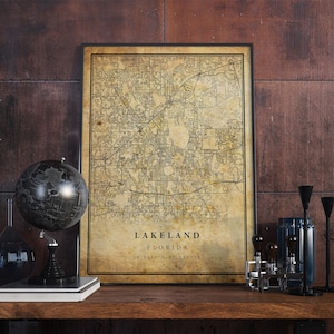 Póster de mapa vintage de Lakeland, arte de pared, impresión de arte urbano, decoración del hogar antigua, rústica y de estilo antiguo, impresiones de Florida, regalo, VM281