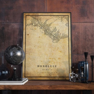 Honolulu Vintage Map Poster Wall Art | City Artwork Print | Antique, rustic, old style Home Decor | Hawaii prints gift | VM55