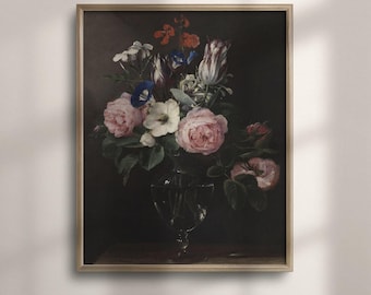 vintage floral art, dark academia decor, flower still life painting
