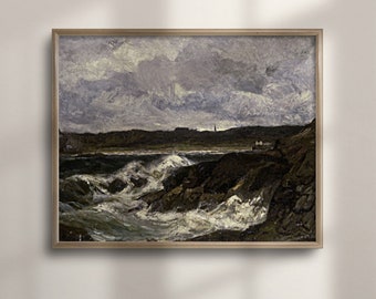 Vintage Coastal Decor, Antique Moody Seascape Artwork, Stormy Ocean Painting, Nautical Wall Art, C16-438