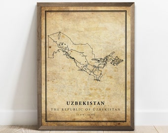 Stampa mappa vintage dell'Uzbekistan: arte murale con strade di campagna