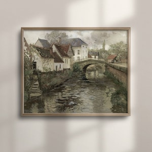 Vintage Belgium Canal Oil Painting: Rustic European Village Wall Art