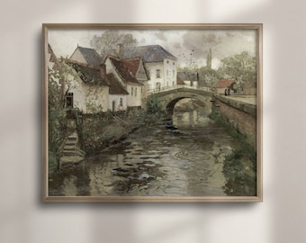 Vintage Belgium Canal Oil Painting: Rustic European Village Wall Art