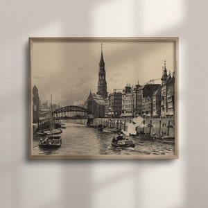 Antique Sketch Art, Vintage Cityscape Canal Drawing, Neutral Wall Decor, Architecture Poster, Vintage Wall Art, Antique Print, C16-450