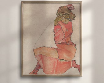 Egon Schiele Art, Kneeling Female in Orange-Red Dress, 1910 Reproduction, Fine Art Giclee Print, Wall Decor, Expressionism, C16-912