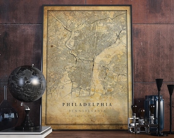 Affiche vintage de carte de Philadelphie art mural | Impression d'oeuvres d'art de la ville | Décoration d'intérieur antique, rustique et de style ancien | Cadeau imprimé Pennsylvanie | VM6