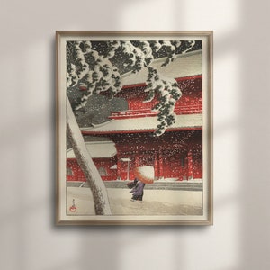 Kawase Hasui Ukiyo-e Print: Snow at Zojoji Temple, Japanese Art