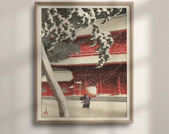 Kawase Hasui Ukiyo-e Print: Snow at Zojoji Temple, Japanese Art