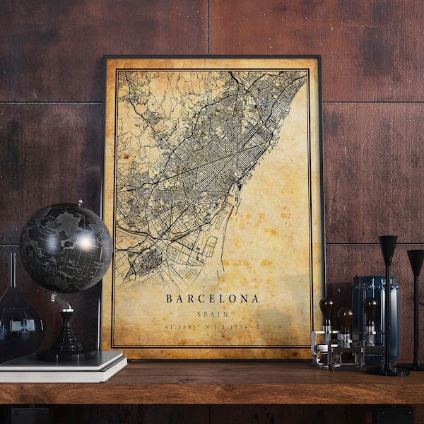 Barcelona Vintage Map Poster Wall Art | City Artwork Print | Antique, rustic, old style Home Decor | Spain prints gift | M528