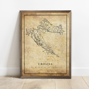 Impression d'affiche de carte vintage de Croatie, art mural de carte de route de campagne, cadeaux de pays, impression de carte de pays, C15-28