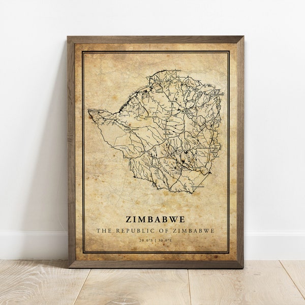 Zimbabwe vintage map poster print, country street road map wall art, country prints, country poster, C15-142