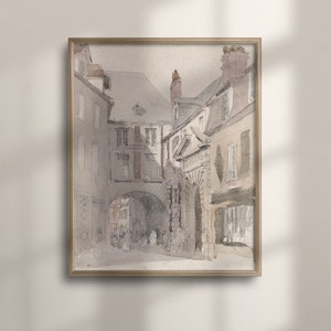 Antique Cityscape Sketch Art, Neutral Vintage City Drawing, Poster Wall Decor, Unique Vintage Etching, Cow Painting, C16-1118
