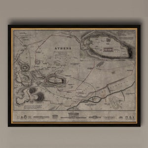 Athen Karte, Vintage Karte von Athen, Griechenland, Vintage Wandkunst, Wohndekor, gerahmte Optionen verfügbar, Circa 19th C., AM64