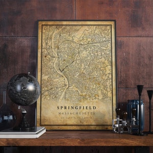 Póster de mapa vintage de Springfield, arte de pared, impresión de arte urbano, decoración del hogar antigua, rústica y de estilo antiguo, impresiones de Massachusetts, regalo, VM165