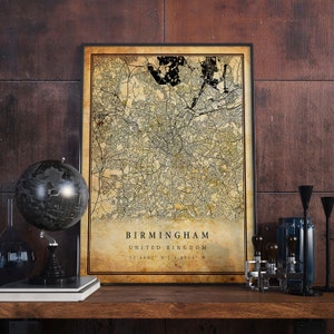 Birmingham Vintage Map Poster Wall Art | City Artwork Print | Antique, rustic, old style Home Decor | United Kingdom prints gift | M465